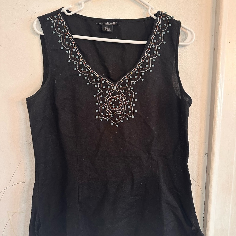 Black Linen Top - Size 14 (Fits like a M/L) - Coastal Beach Vibe Beaded - Picture 6 of 9